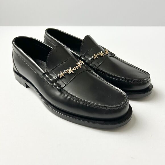 NEW Jimmy Choo Mocca Gold Tone Star Chain Loafers Black Leather Size IT 39 US 9 - Picture 1 of 7